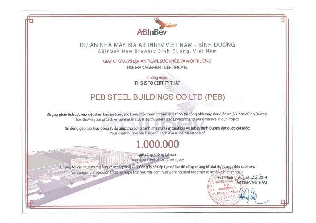 PEB Steel is honored to receive the Certificate of HSE Management from AB INBEV VIETNAM.