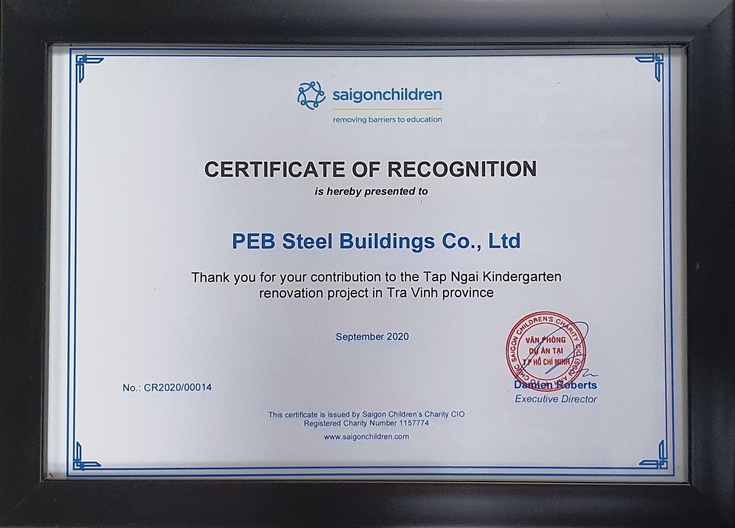 Certificate of Recognition for PEB Steel.